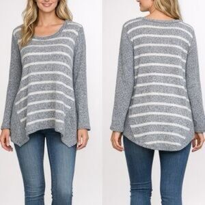 Nally & Millie Gray and White Striped Scoop Neck Sweater- xl